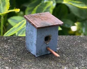 Handmade miniature blue birdhouse, 1 inch, dollhouse or indoor fairy garden.