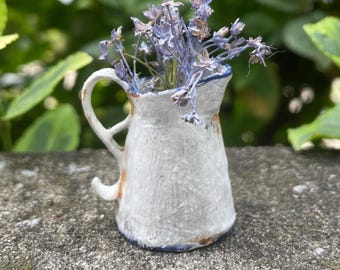 Handmade Miniature Pitcher with purple flowers, Dollhouse Fairy Garden Decor, 1 3/4 inches
