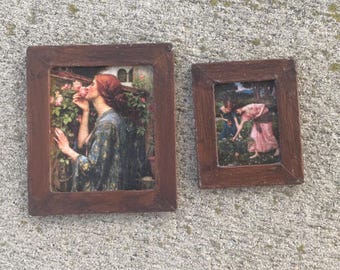 Coppia di stampe di dipinti in miniatura incorniciati, opere d'arte, dipinti di Waterhouse, miniature fatte a mano, casa delle bambole