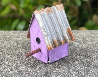 Handmade miniature birdhouse, purple, dollhouse or indoor fairy garden.