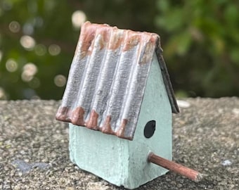 Handmade miniature birdhouse, green, dollhouse or indoor fairy garden.