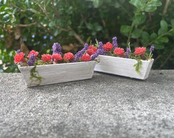 Miniature Flower Boxes, Red and Purple Flowers, Dollhouse Fairy Garden Decor