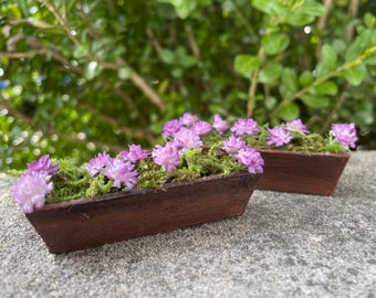 Pair of window flower boxes, flower planters, purple flowers, handmade miniatures, dollhouse, indoor fairy cottage