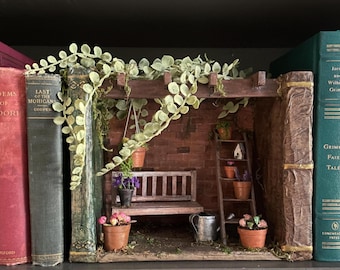 Handmade Fairy House Book Nook Diorama, Patio Between Faux Books