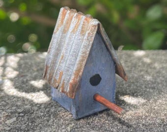 Handmade miniature birdhouse, blue, dollhouse or indoor fairy garden.