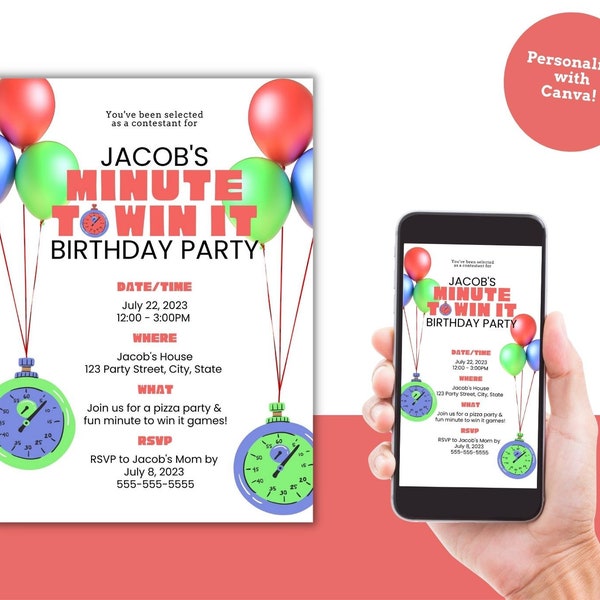 Customizable Minute To Win It Birthday Party Invitations, Editable Template Customize Text & Colors on this Digital Download Birthday Invite