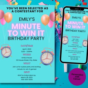 Minute To Win It Birthday Party Invitation, editable template, customize text and colors digital download, multiple sizes