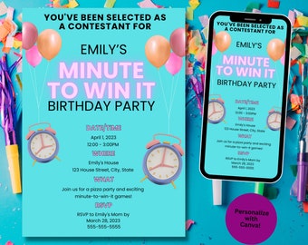 Minute To Win It Birthday Party Invitation, editable template, customize text and colors digital download, multiple sizes