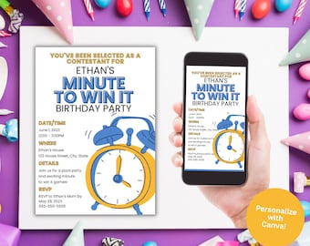 Minute To Win It Big Clock Birthday Party Invitation, editable template, customize text and colors digital download, multiple sizes
