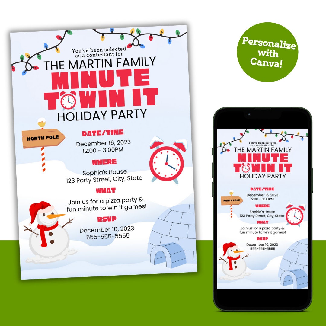 A Merry Minute to Win It Christmas Celebration Customizable Holiday Party Invitation Template Edit With Canva Instant Digital Download - Etsy a-merry-minute-to-win-it-christmas-celebration-customizable-holiday-party-invitation-template-edit-with-canva-instant-digital-download-etsy