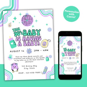 Questo bambino degli anni &#39;90 sta avendo un bambino / Invito per baby shower a tema anni &#39;90 / Modello personalizzabile / Invito per baby shower modificabile