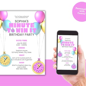 Anpassbare Minute, um Einladungen zur Geburtstagsfeier zu erhalten, bearbeitbare Vorlage Passen Sie Text und Farben auf dieser digitalen Download-Geburtstagseinladung an