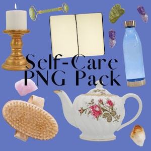 May include: A self-care PNG pack with a variety of items, including a teapot, a candle, a journal, a face roller, a crystal, a bath brush, and a water bottle. The background is a light blue color.