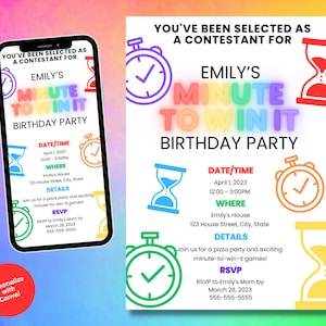 Rainbow color minute-to-win-it party theme birthday invitation, customizable Canva template, digital download