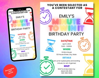 Rainbow color minute-to-win-it party theme birthday invitation, customizable Canva template, digital download