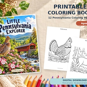 Könnte beinhalten: Ein druckbares Malbuch mit dem Titel Little Pennsylvania Explorer mit 12 Seiten für Kinder im Alter von 4-8 Jahren. Das Cover zeigt ein Kragenhuhn, eine rote überdachte Brücke und rosa Blumen. Zwei Innenseiten zeigen schwarz-weiße Strichzeichnungen eines Kragenhuhns und eines Weißwedelhirschs.