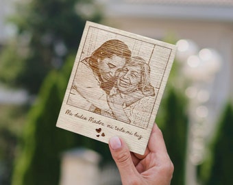 Imán de grabado fotográfico de madera personalizado / Imán de nevera / Regalo para mamá, papá, abuela, abuelo