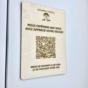 Personlig graverad träplakett med QR-kod | Självhäftande vägg/bord | Restaurang-/hotellmeny/WiFi/Priser/recensioner