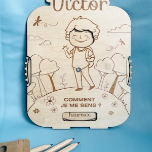 Giocattolo Montessori con emozioni incise, regalo per insegnanti di scuola materna, grafico delle emozioni, ruota dei sentimenti Stickman personalizzata con nome