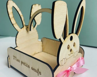 Cesta de búsqueda de huevos personalizada | Cesta de Pascua de madera con forma de conejo.