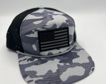 Grey Camo American Flag 7 panel Dome Hat with Patch