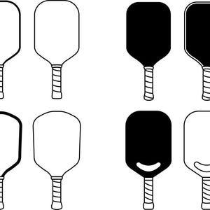 May include: A set of 12 black and white pickleball paddles. The paddles are shown in various orientations, including a set of three paddles with a set of pickleballs.