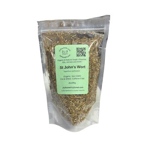 May include: A transparent bag containing dried St John's Wort. A green label is visible with the text "St John's Wort" and other details. The bag contains 85g of organic, non-GMO, cut and sifted, caffeine-free herbs.