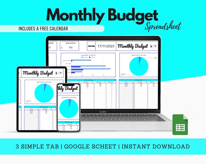 Monthly Budget Planner Google Sheets Blue Spreadsheet for Etsy