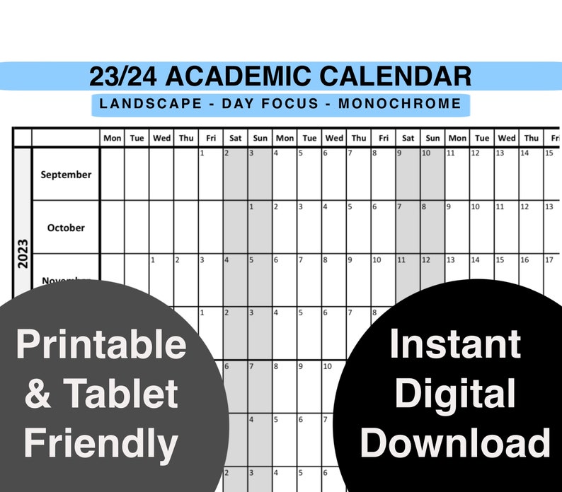Academic 20232024 Year Calendar Landscape Any Size Poster Etsy Israel
