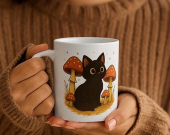 Tazza in ceramica con gatto nero, tazza da caffè Cottagecore con fungo stregonesco
