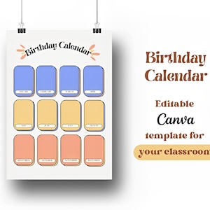 Calendário de aniversário colorido pendurado na parede para sala de aula, modelo de site Canva, decoração de sala de aula e imprimíveis