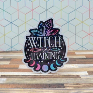 May include: A holographic sticker with a black background and the text "Witch in Training" surrounded by stars, crystals, and moons. The sticker has a rainbow glitter effect.