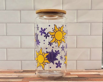 16oz Glass Can Cup | Tangled Sun Iced Coffee Cup | Disney Inspired | Vinyl | Glass Cup | Glass Cup with Lid and Straw | Great Gifts