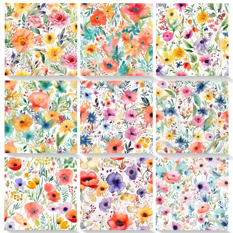 Seamless Spring Floral Digital Paper - 12x12in, 300dpi - Watercolor ...