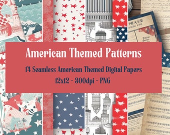 4th of July Digital Paper - Patriotic Backgrounds - 12x12 Scrapbook, Red White Blue, Flag Star Dots - Commercial Use, INSTANT DOWNLOAD