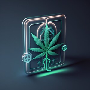 May include: A green marijuana leaf inside a neon green and white frame with a peace sign and other symbols.