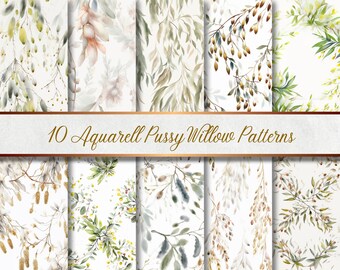 10 Watercolor Pussy Willow Patterns - Seamless | 10 Watercolor Pussy Willow Patterns - Seamless
