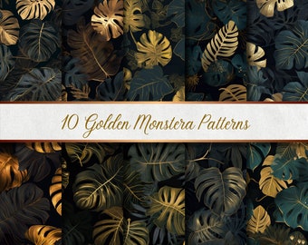 Golden Monstera Pattern | 10 digital papers for stylish creative projects