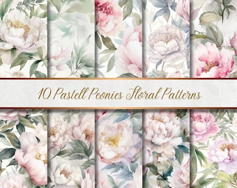 10 個のパステル牡丹 - シームレスな花柄 | 10 個のパステル牡丹 - シームレスな花柄