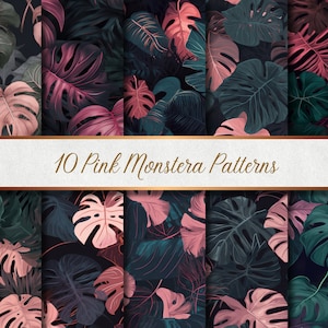 Op de afbeelding: Tien digitale papierpatronen met roze monstera bladeren op een donkere achtergrond. De patronen zijn naadloos en kunnen worden gebruikt voor een verscheidenheid aan projecten, zoals scrapbooking, kaartmaken en stoffenontwerp.