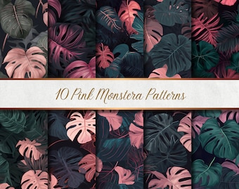 10 Pink Monstera Seamless Patterns | 10 Pink Monstera Seamless Patterns