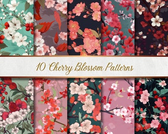 10 Seamless Cherry Blossom Patterns - Digital Paper | 10 Seamless Cherry Blossom Patterns - Digital Paper