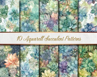 水彩多肉植物 - シームレス パターン - 自然クリエイティブ プロジェクト用のデジタル ペーパー 10 枚