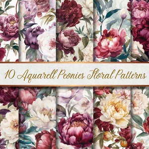 10 Watercolor Peonies - Seamless Floral Pattern | 10 Watercolor Peonies - Seamless Floral Patterns