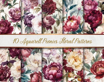 10 Watercolor Peonies - Seamless Floral Pattern | 10 Watercolor Peonies - Seamless Floral Patterns