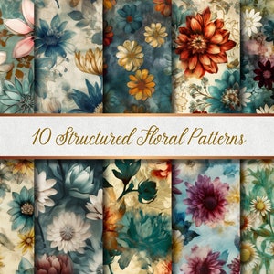 Puede incluir: Una colección de diez patrones florales estructurados. Los diseños presentan flores estilo acuarela en tonos turquesa, azul, naranja y blanco, sobre fondos texturizados. El texto "10 Structured Floral Patterns" se muestra en escritura dorada.