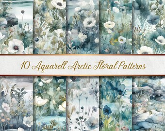 10 Arctic Watercolor Floral Seamless Patterns | 10 Watercolor Arctic Floral Patterns Seamless