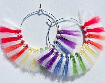 Rainbow Macrame Hoop Earrings: Upcycled Cotton Pride Jewelry