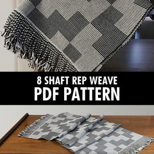 May include: A black and white woven throw blanket with a geometric pattern and fringe detail. The blanket is folded over a surface. The text "8 SHAFT REP WEAVE PDF PATTERN" is displayed below the blanket.
