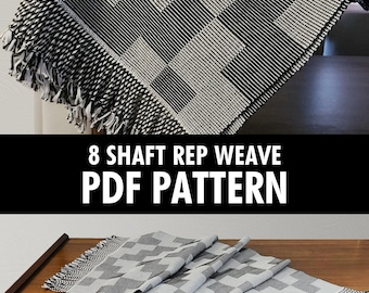 May include: A monochrome woven blanket with a geometric design and fringed edges. The blanket is draped over a surface. The text "8 SHAFT REP WEAVE PDF PATTERN" is displayed below the blanket.